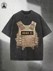 1pc Black T-Shirt with Tactical Vest Print - Short Sleeve Crew Neck Casual Tee - Machine (Color: Black, size: M)